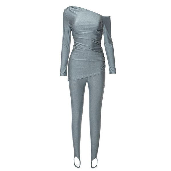 Ensemble pantalon uni irrégulier à manches longues et épaules dénudées 