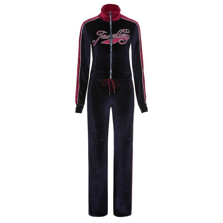Zip-up letter embroidered high neck pant set - Halibuy