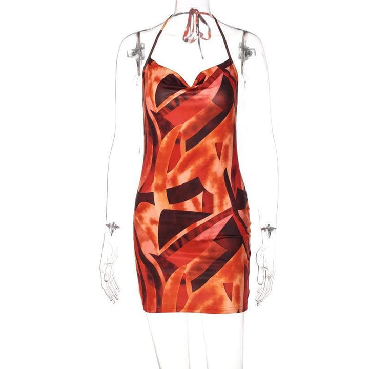 Cowl neck print backless halter mini dress - Halibuy