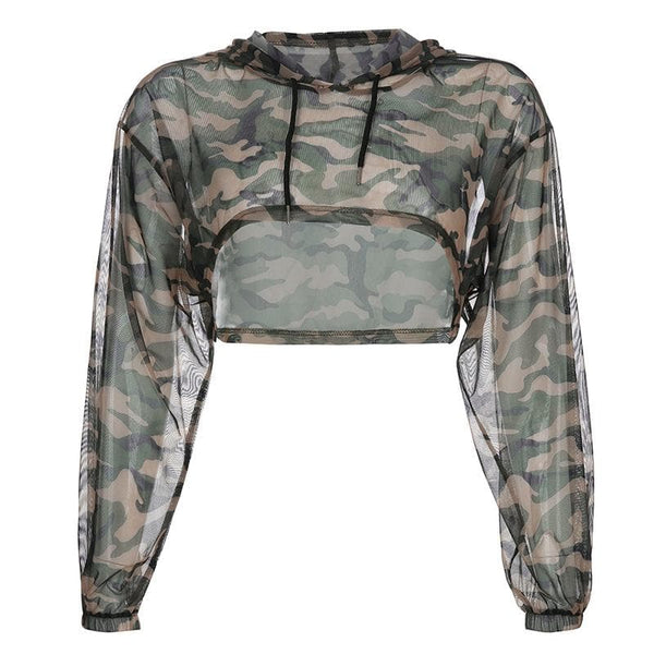 Sweat à capuche camouflage à manches longues et cordon de serrage en maille transparente 