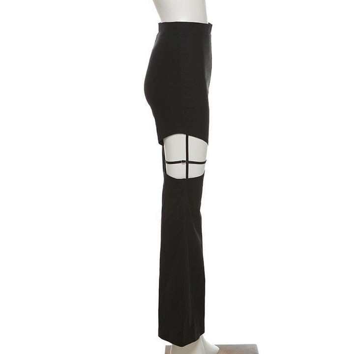 Zip up hollow out flared solid pant - Halibuy