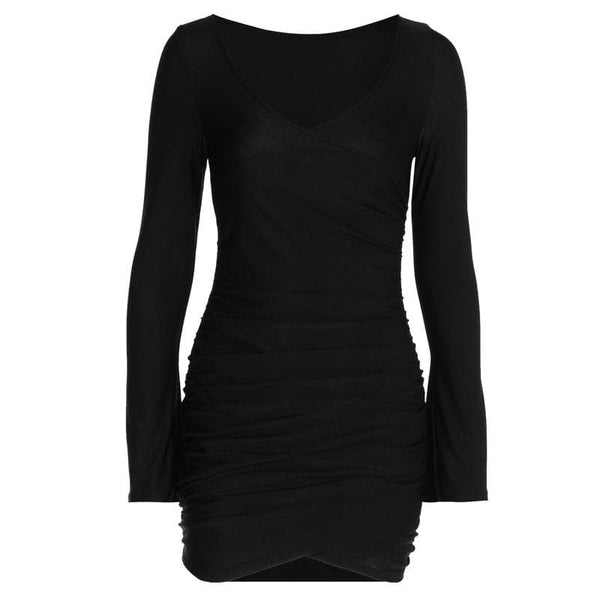 Mini-robe unie froncée à manches longues et col en V 