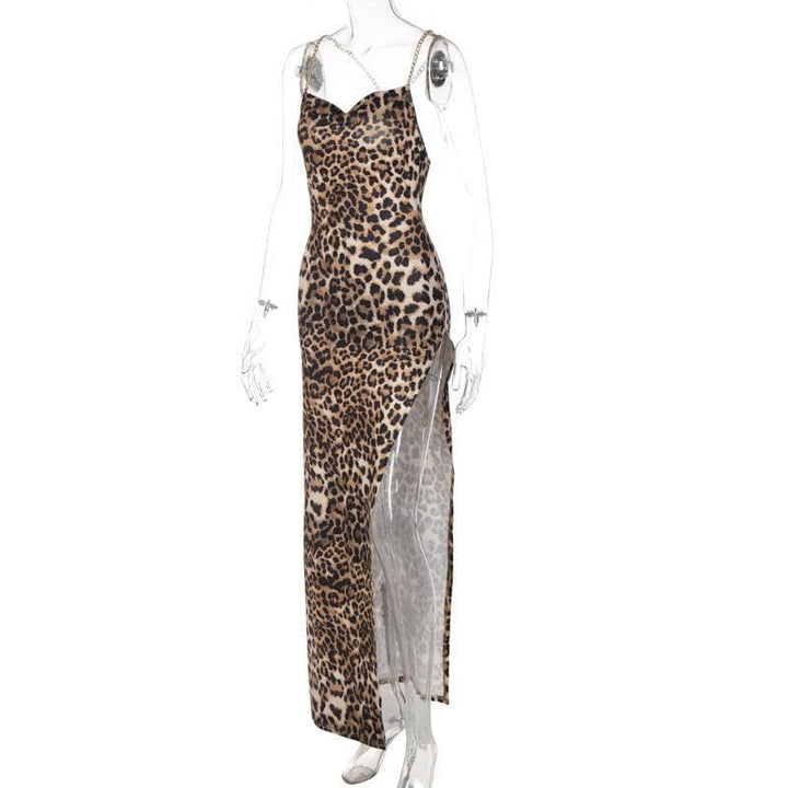 Cowl neck metal chain high slit open back maxi dress - Halibuy