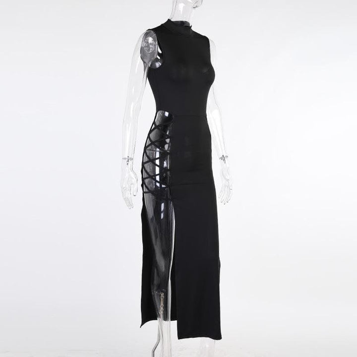 Hollow out lace up high neck dress - Halibuy