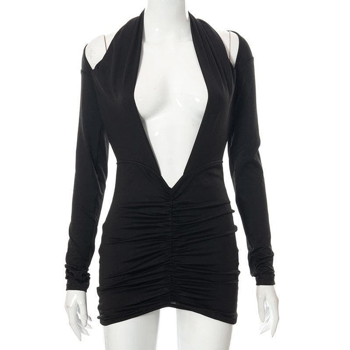 Deep v neck long sleeve open back solid ruched mini dress - Halibuy