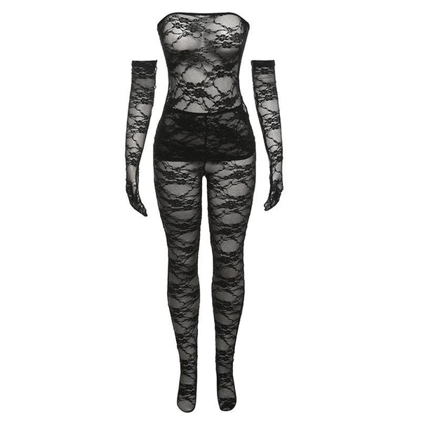 Ensemble pantalon tube dos nu uni avec gants transparents en dentelle 