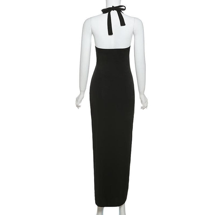 V neck hollow out ring slit solid maxi dress - Halibuy