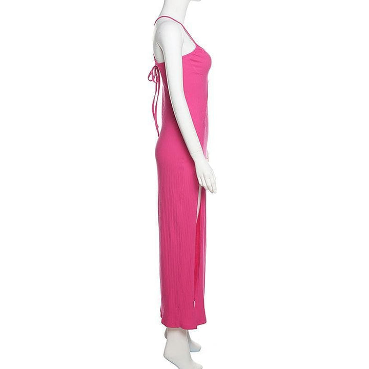 Cross open back hollow out slit ribbed maxi dress - Halibuy
