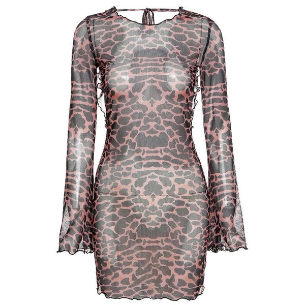 Sheer mesh leopard print contrast see through self tie backless mini dress  | samba dress