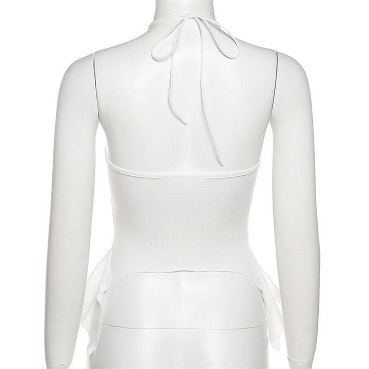 Hollow out ruched halter ruffled tie front top - Halibuy