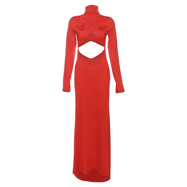 Hollow out solid long sleeve high neck zip-up maxi dress  | red tango dress