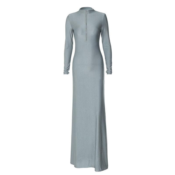 Robe longue unie à col haut et manches longues avec fermeture éclair
