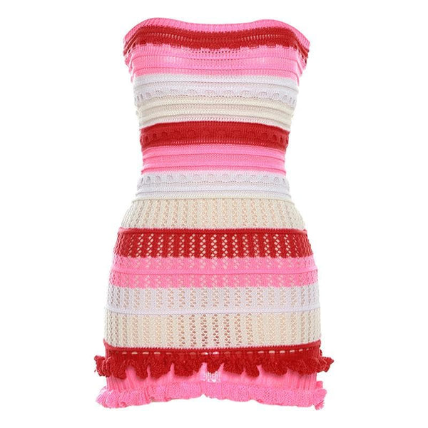 Robe tube dos nu à volants et rayures contrastées en crochet | robe tango rouge 