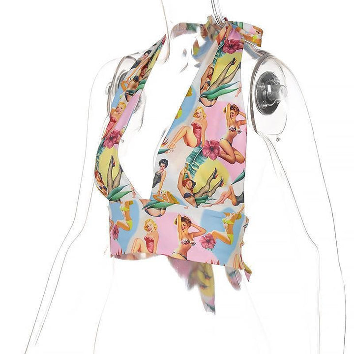 Backless bowknot halter printed top - Halibuy