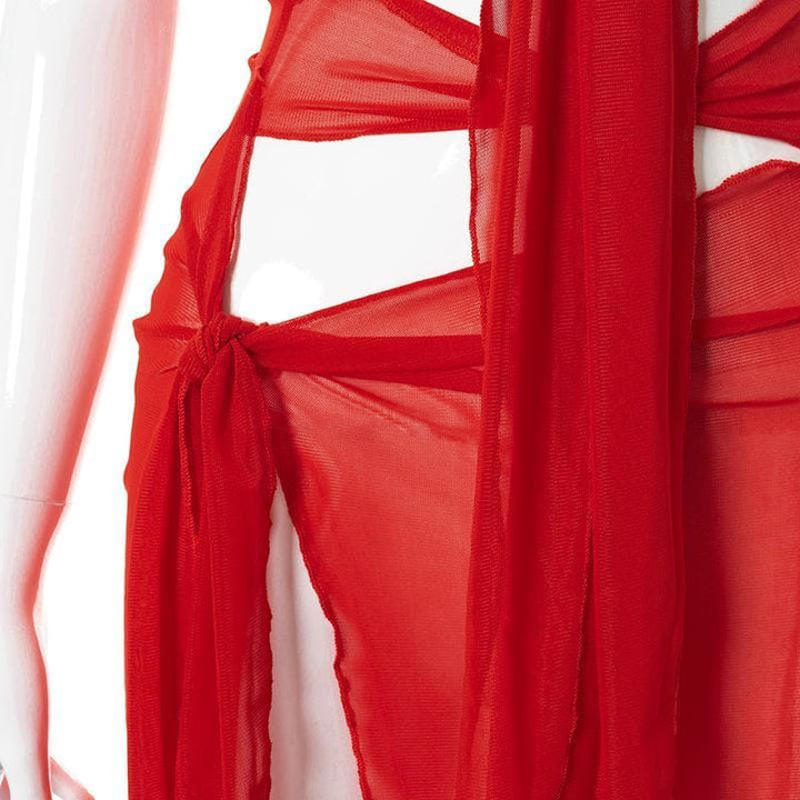 Sheer mesh see through knotted hollow out slit maxi dress - Halibuy