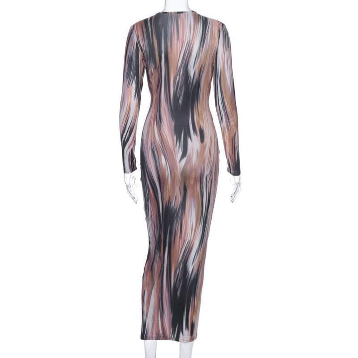 Long sleeve deep v neck knotted print maxi dress - Halibuy