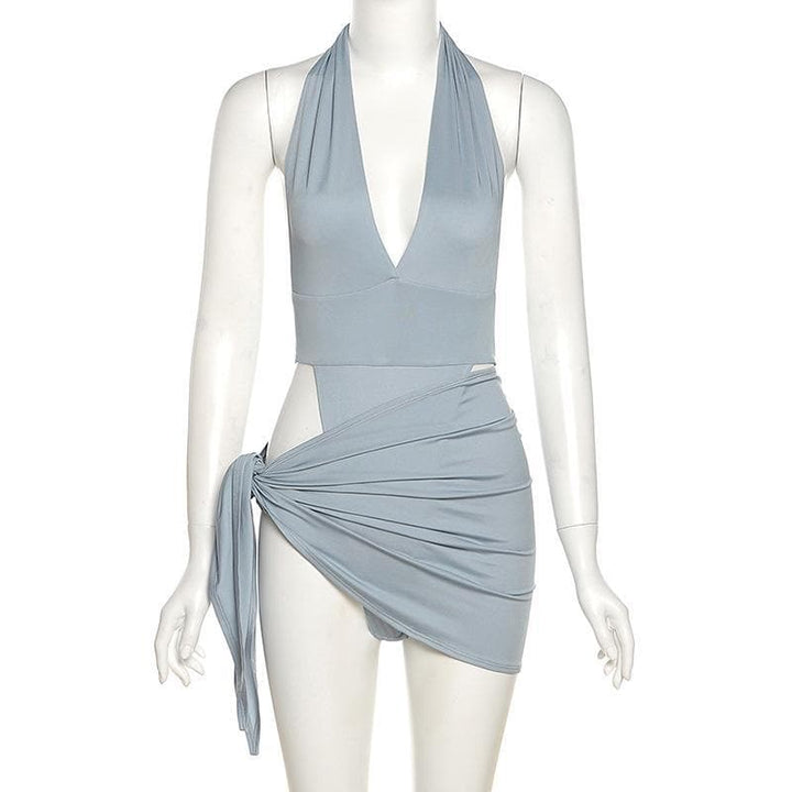 Halter V Neck knotted Ruched Bodycon Dress - Halibuy