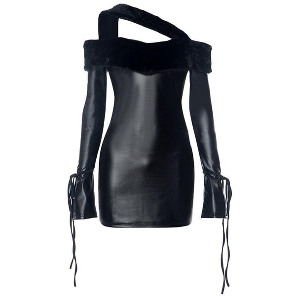 Mini-robe unie en cuir PU à manches longues et épaules dénudées