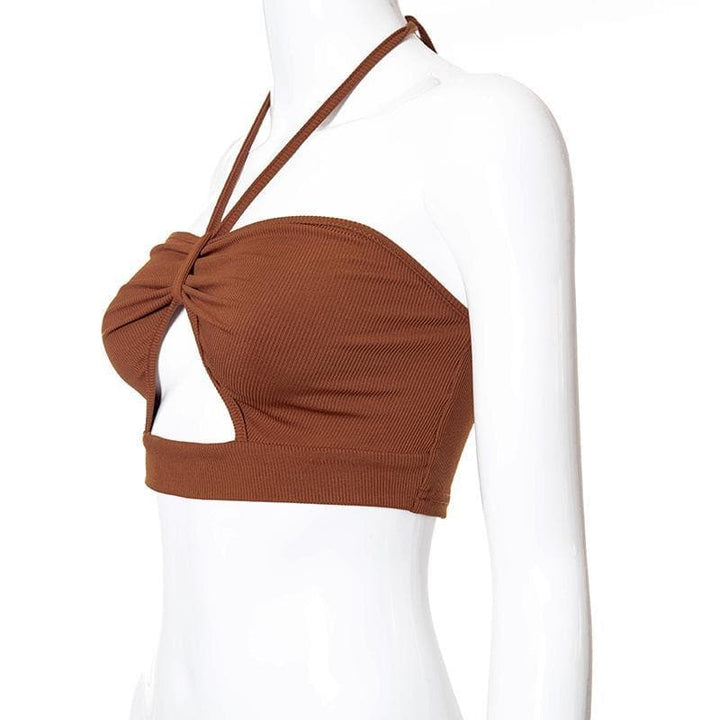 Hollow out ruched halter ribbed crop top - Halibuy