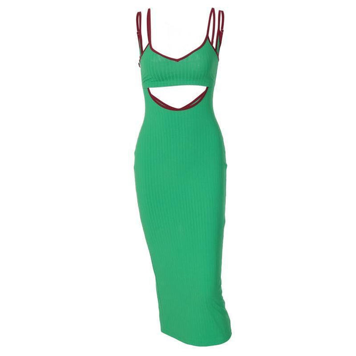 Hollow out V neck ribbed midi dress - Halibuy