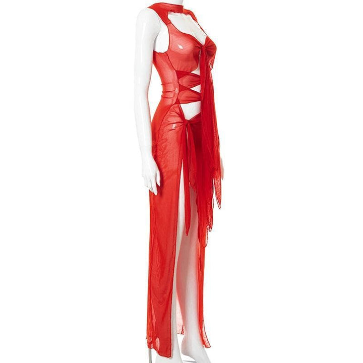 Sheer mesh see through knotted hollow out slit maxi dress - Halibuy
