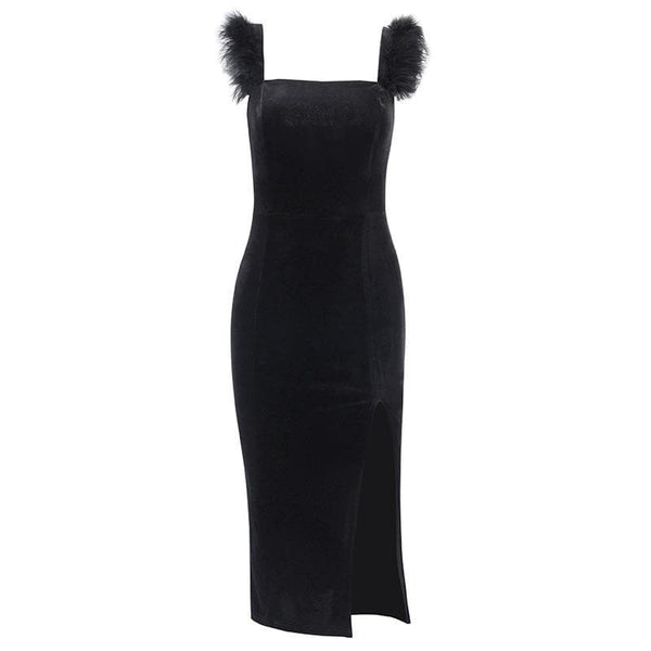 Robe midi zippée unie fendue sans manches en velours et plumes 