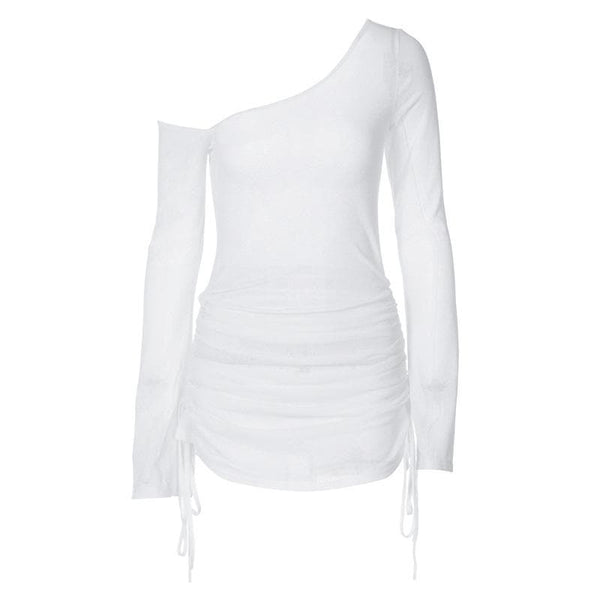 Long sleeve one shoulder drawstring ruched mini dress