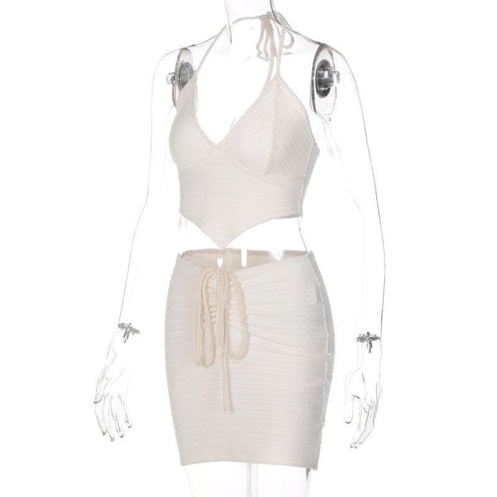 Halter tie back v neck drawstring ruched skirt set - Halibuy