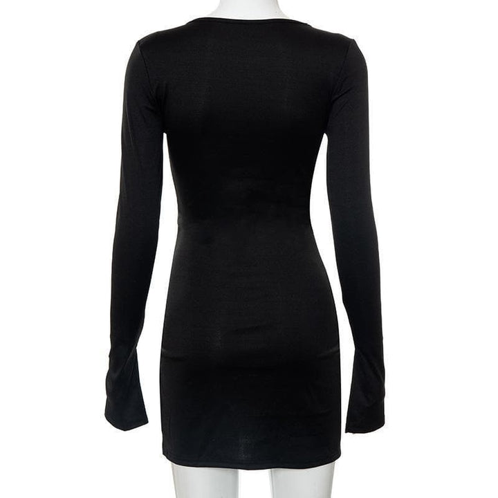 Long sleeve deep v neck slit solid mini dress - Halibuy