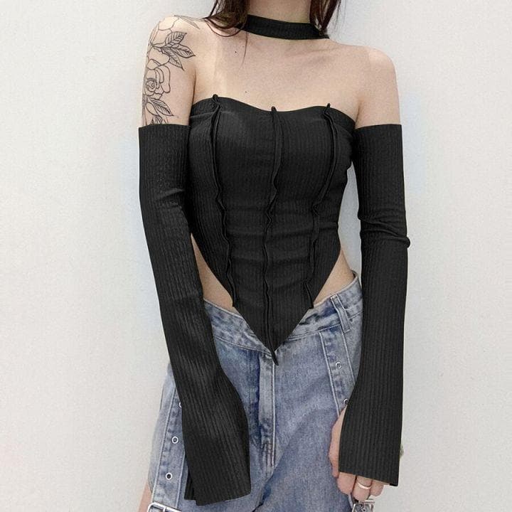 Long sleeve off shoulder patchwork top - Halibuy