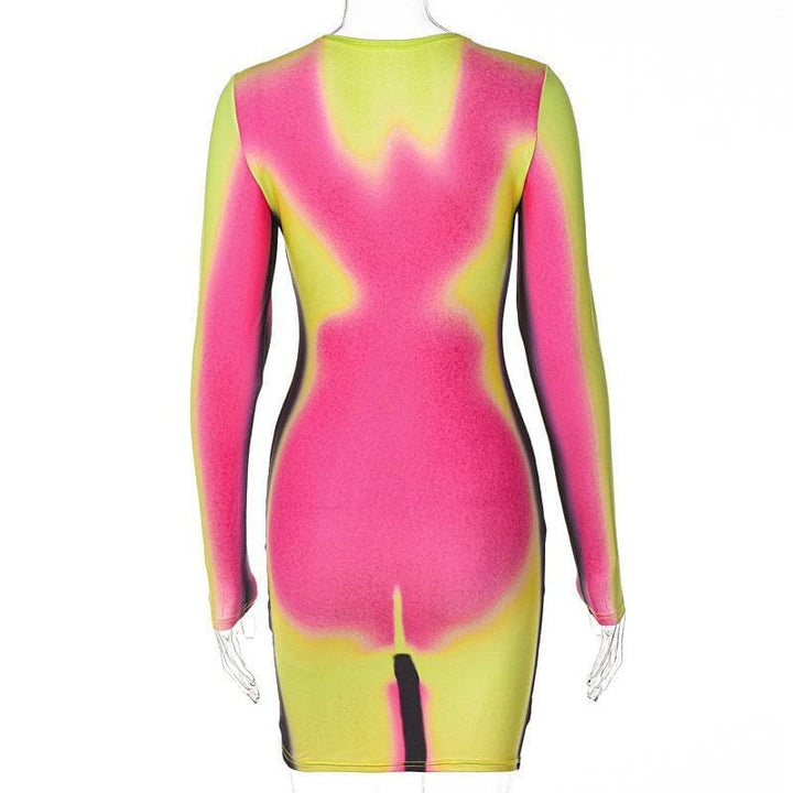 Long sleeve crewneck body print mini dress - Halibuy