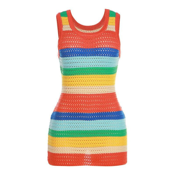 Mini-robe en crochet contrastée à rayures et col en U sans manches