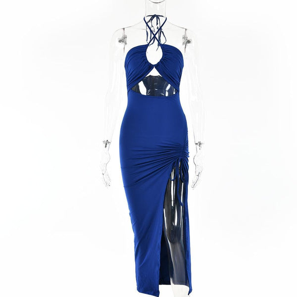 Robe midi froncée à dos nu avec cordon de serrage et fente ajourée 