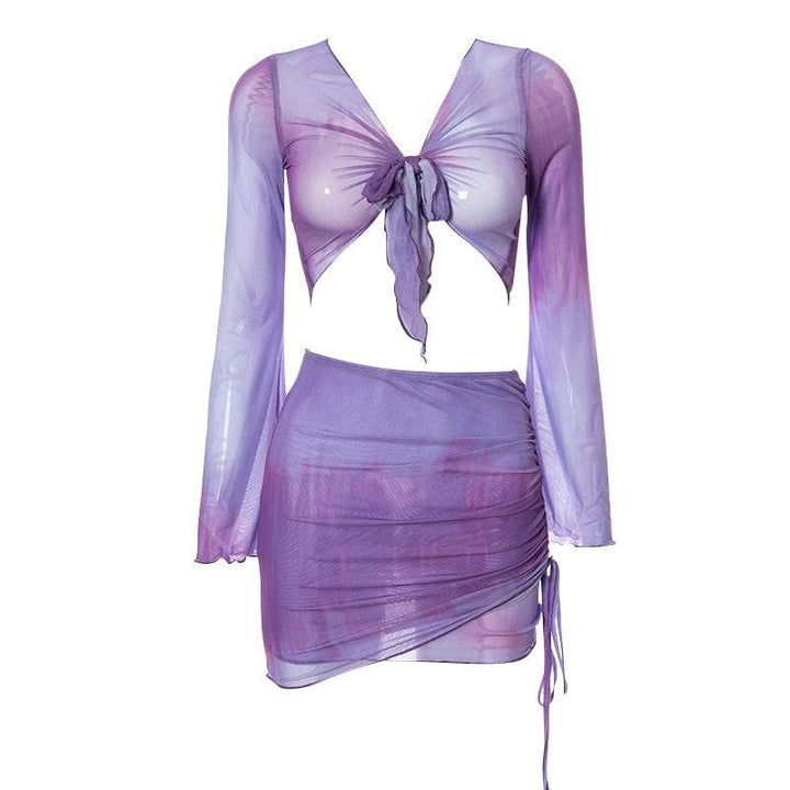 Flared sleeve mesh see through skirt set - Halibuy