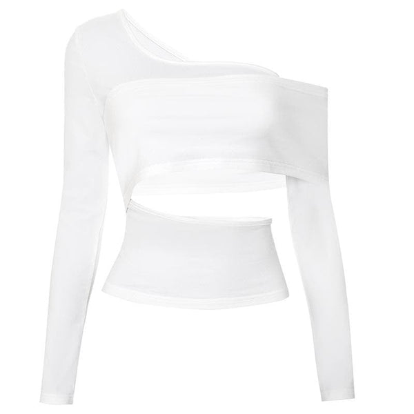 Long sleeve one shoulder hollow out solid irregular backless cut out top