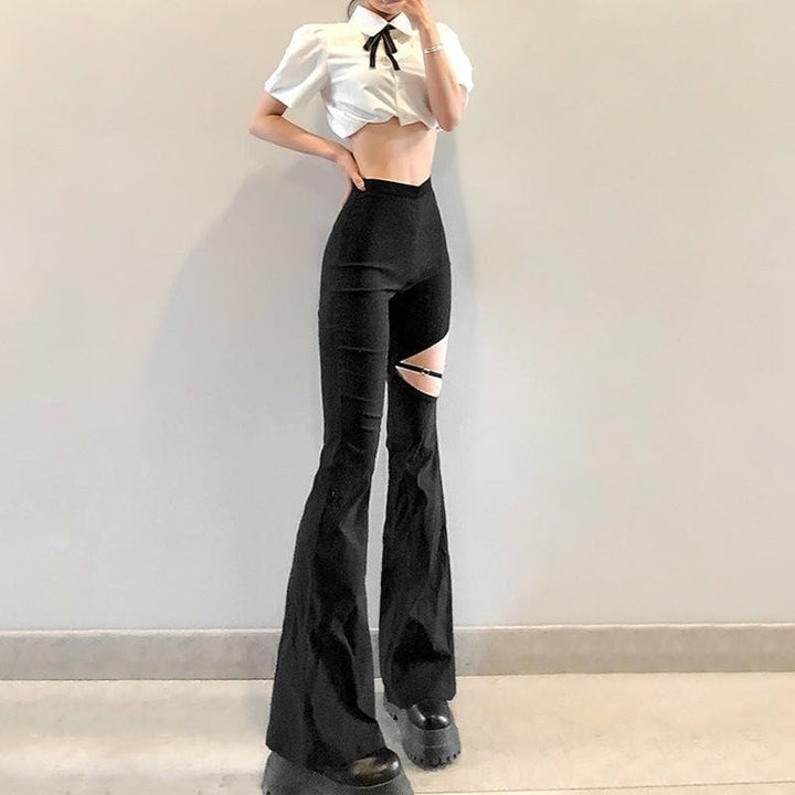 Zip up hollow out flared solid pant - Halibuy