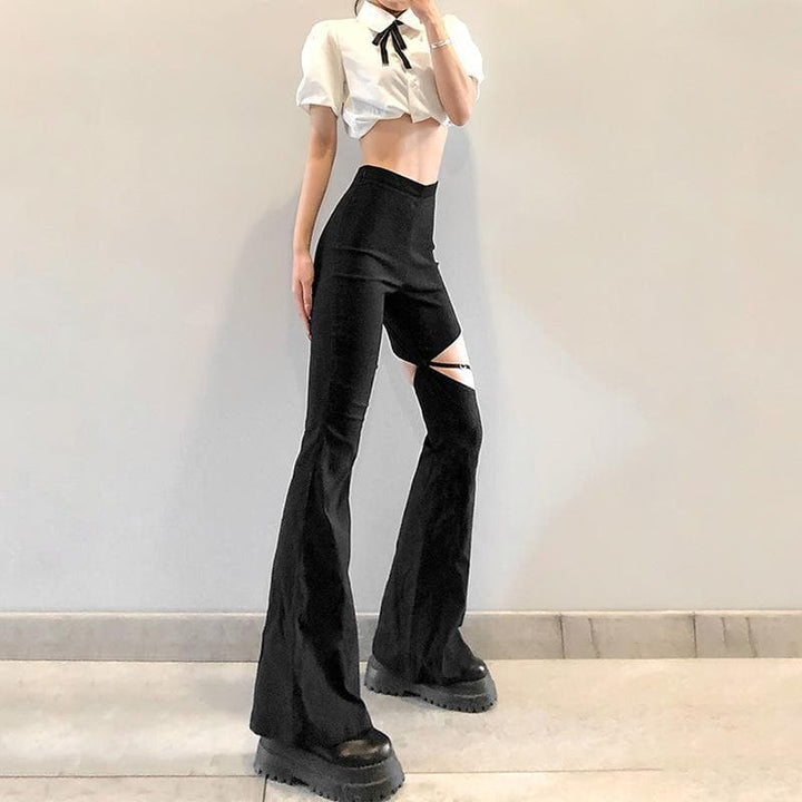 Zip up hollow out flared solid pant - Halibuy