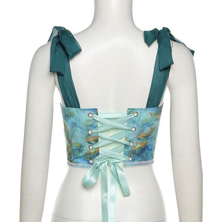 Print lace up back self tie strap bustier crop top - Halibuy