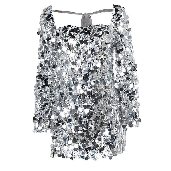 Mini-robe fendue à manches longues et dos nu à paillettes 
