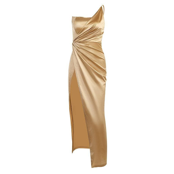 Robe midi sans manches en satin uni fendue à une épaule froncée dos nu 