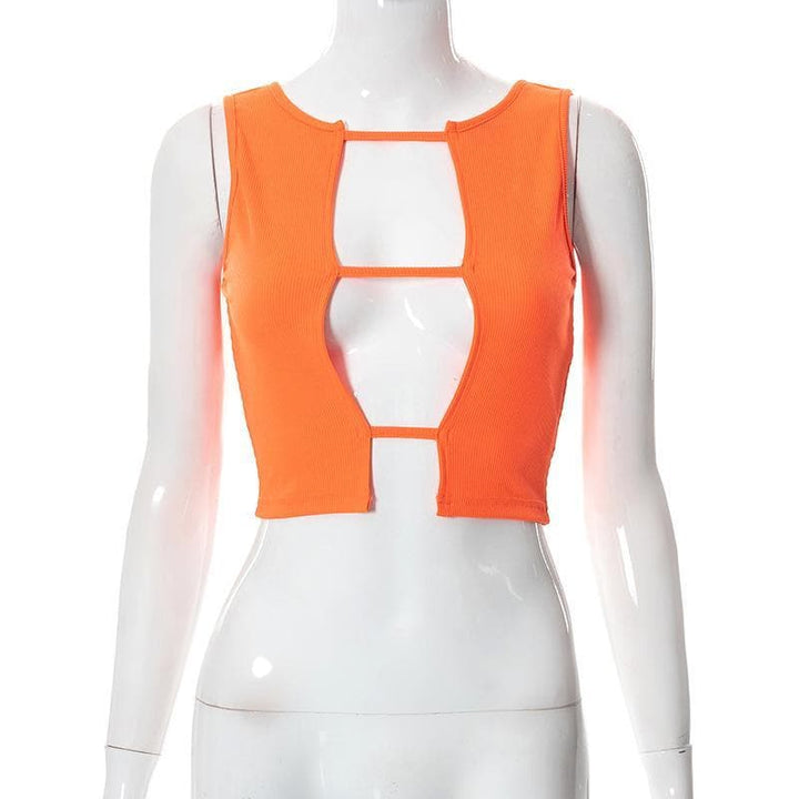 Hollow out sleeveless ribbed solid crop top - Halibuy