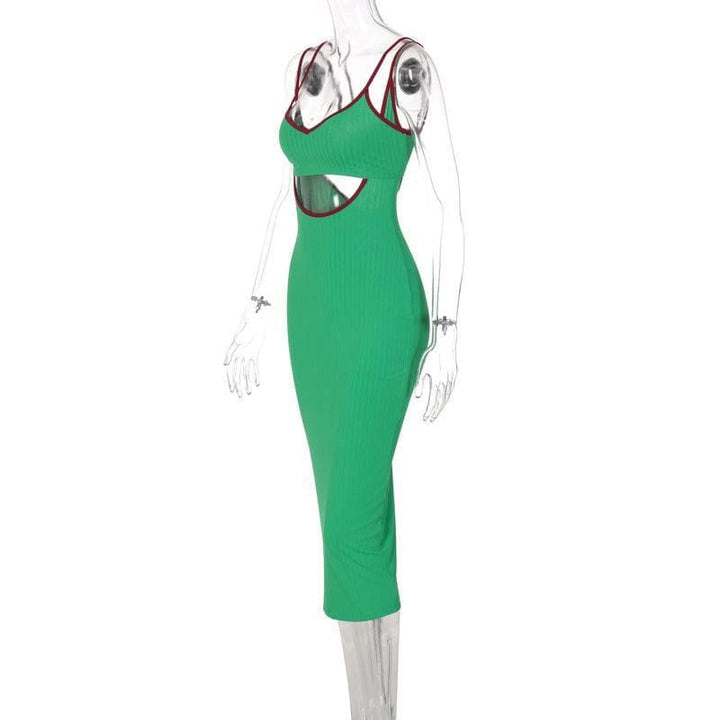 Hollow out V neck ribbed midi dress - Halibuy