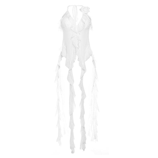 Haut court dos nu en maille transparente à volants et col en V avec appliques roses 