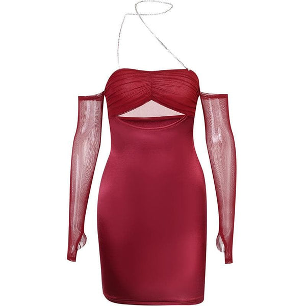 Mesh gloves solid halter ruched hollow out off shoulder mini dress  | red tango dress