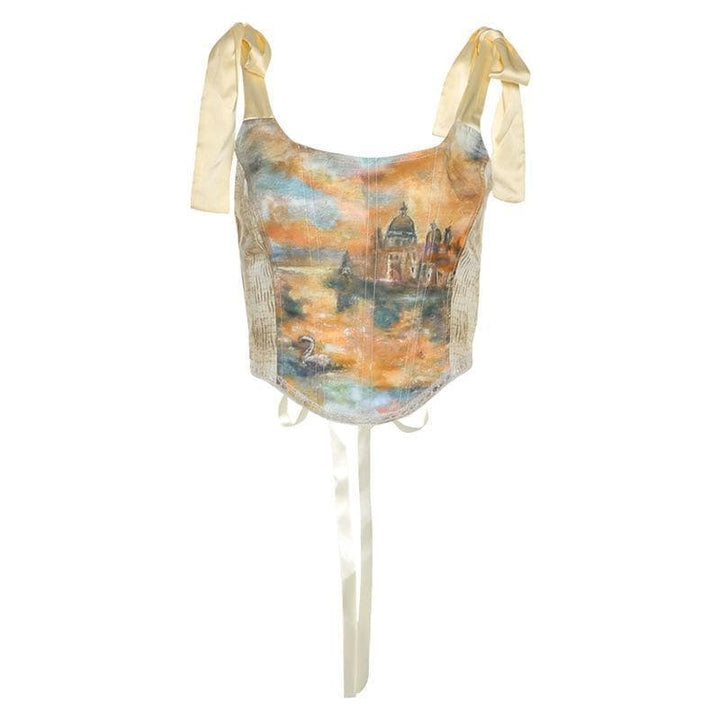 Print lace up back self tie strap bustier crop top - Halibuy