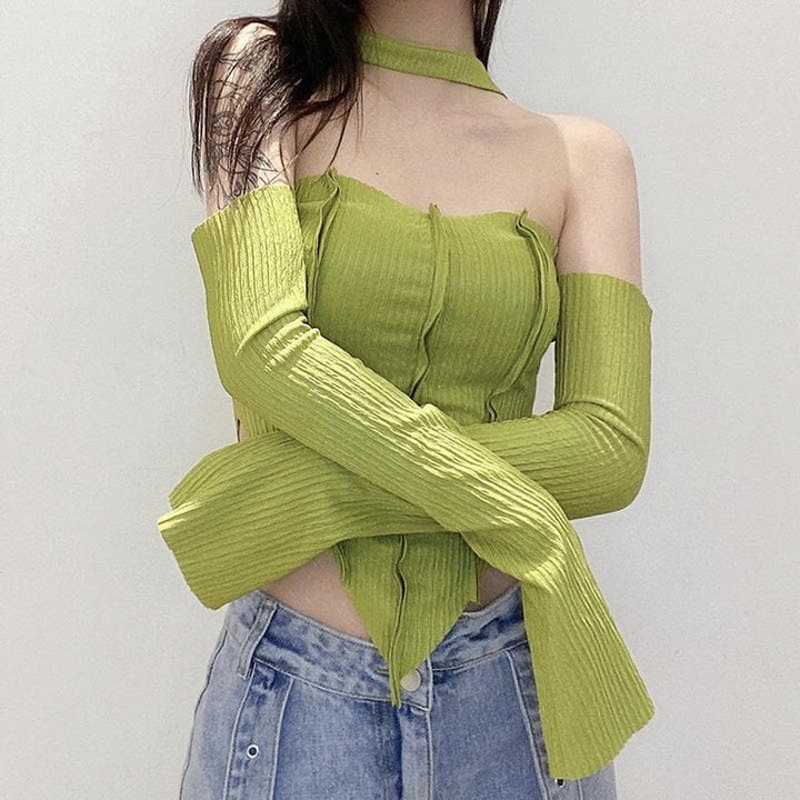 Long sleeve off shoulder patchwork top - Halibuy