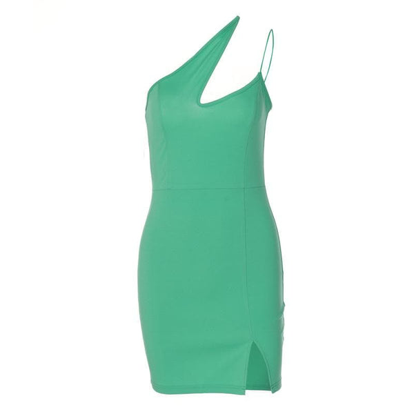 Hollow out slit solid sleeveless one shoulder backless mini dress  | red tango dress