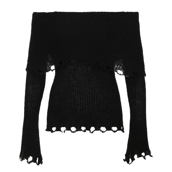 Haut à manches longues en crochet, épaules dénudées, découpes solides 