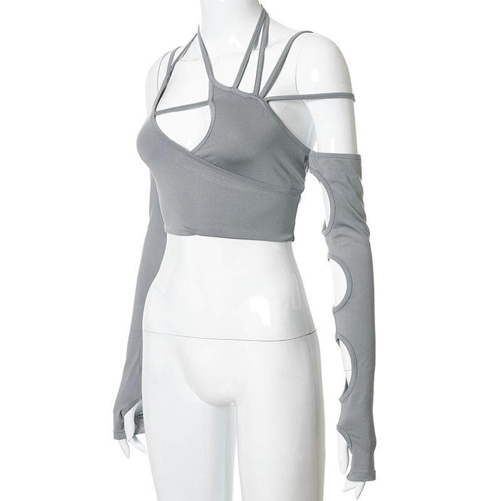 Hollow out long sleeve off shoulder irregular crop top - Halibuy