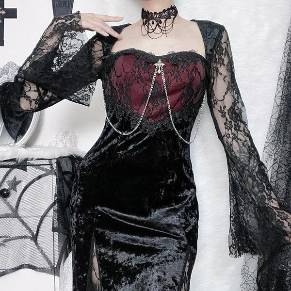 Robe midi en velours à manches longues évasées et contrastées en dentelle avec fermeture éclair et chaîne en métal 